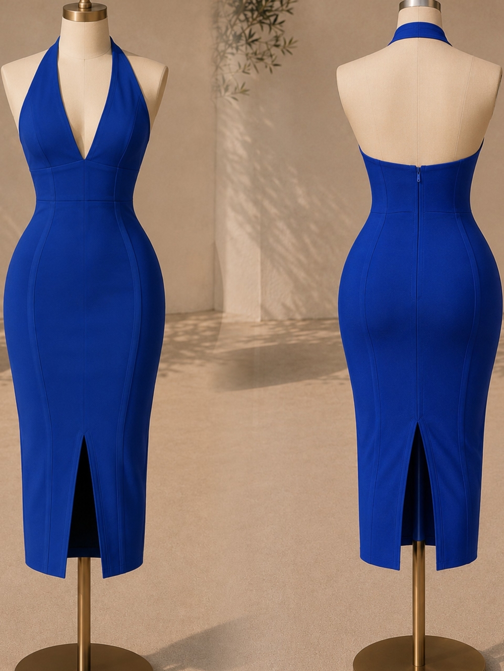 Halter Bodycon Midi Dress in Royal Blue